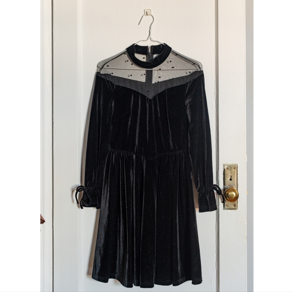 Velvet bow ribbon mesh skater black long sleeve knee length women dress